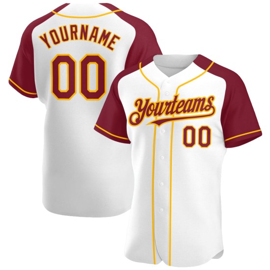 Raglan Custom Authentic Baseball Crimson-Gold Sleeves White Jersey Raglan Custom Authentic Baseball Crimson-Gold Sleeves White Jersey