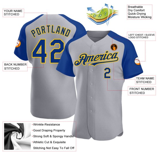 Royal-Yellow Raglan Baseball Gray Custom Jersey Authentic Sleeves