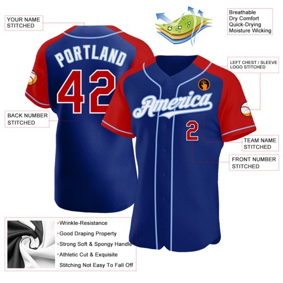 Custom Authentic Royal Baseball Jersey Red-Light Sleeves Blue Raglan Custom Authentic Royal Baseball Jersey Red-Light Sleeves Blue Raglan