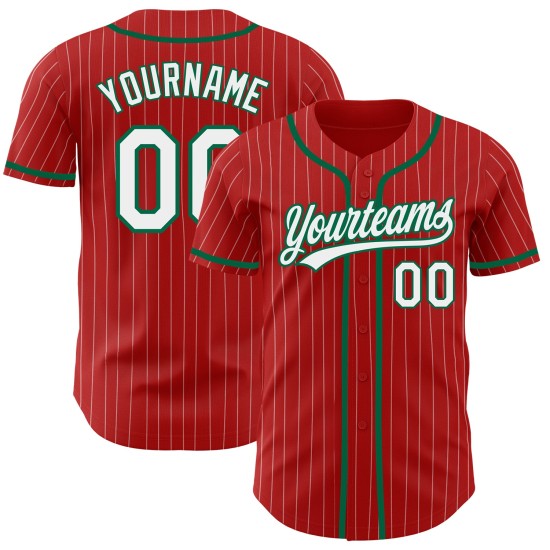 Custom White Green Kelly Baseball Pinstripe Authentic Jersey Red Custom White Green Kelly Baseball Pinstripe Authentic Jersey Red