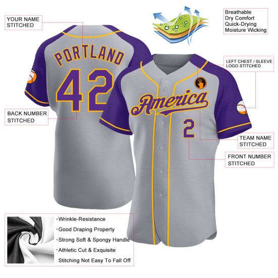 Authentic Purple-Gold Raglan Baseball Gray Sleeves Jersey Custom