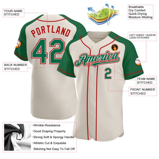 Green-Red Sleeves Authentic Raglan Kelly Cream Baseball Custom Jersey Green-Red Sleeves Authentic Raglan Kelly Cream Baseball Custom Jersey