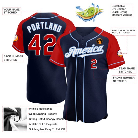 Sleeves Blue Baseball Jersey Red-Light Custom Raglan Authentic Navy Sleeves Blue Baseball Jersey Red-Light Custom Raglan Authentic Navy