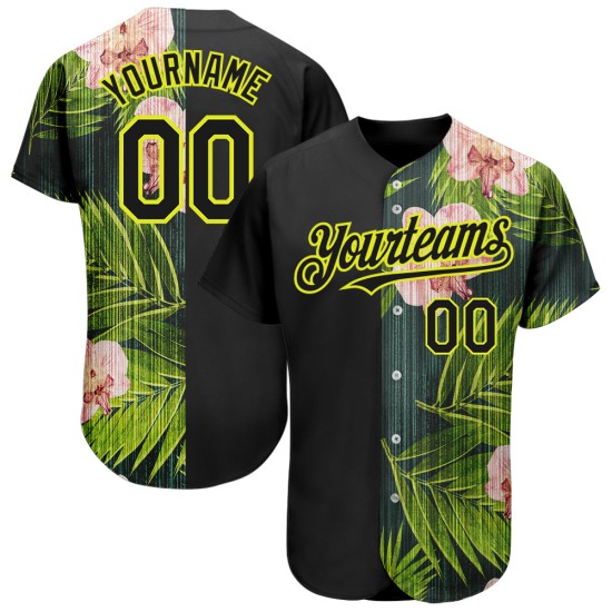 Hawaii Black Pattern Authentic Neon Design Baseball Tropical Orchids 3D Palm Custom With Jersey Leaves Yellow Hawaii Black Pattern Authentic Neon Design Baseball Tropical Orchids 3D Palm Custom With Jersey Leaves Yellow