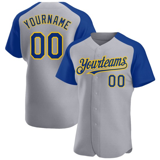 Royal-Yellow Raglan Baseball Gray Custom Jersey Authentic Sleeves
