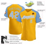 Light Blue-White Custom Baseball Sleeves Authentic Raglan Gold Jersey Light Blue-White Custom Baseball Sleeves Authentic Raglan Gold Jersey