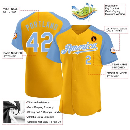 Light Blue-White Custom Baseball Sleeves Authentic Raglan Gold Jersey Light Blue-White Custom Baseball Sleeves Authentic Raglan Gold Jersey