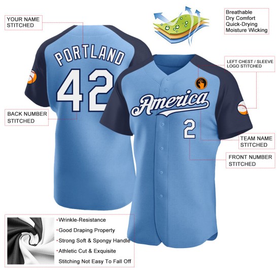 Light Baseball White-Navy Jersey Raglan Authentic Sleeves Custom Blue Light Baseball White-Navy Jersey Raglan Authentic Sleeves Custom Blue