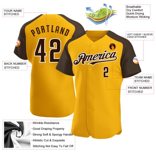 Authentic Jersey Custom Baseball Brown-White Raglan Sleeves Gold Authentic Jersey Custom Baseball Brown-White Raglan Sleeves Gold