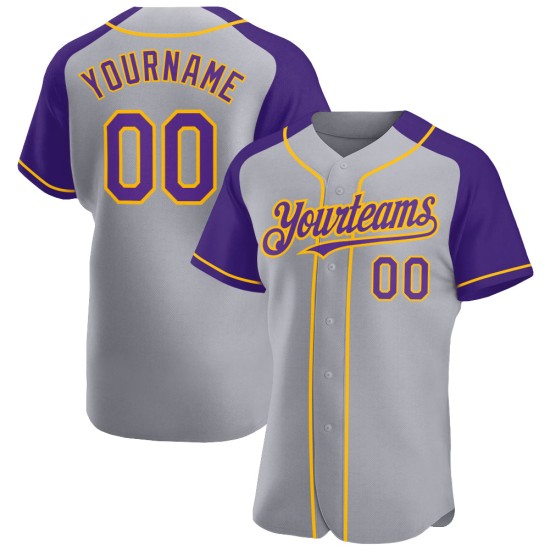 Authentic Purple-Gold Raglan Baseball Gray Sleeves Jersey Custom