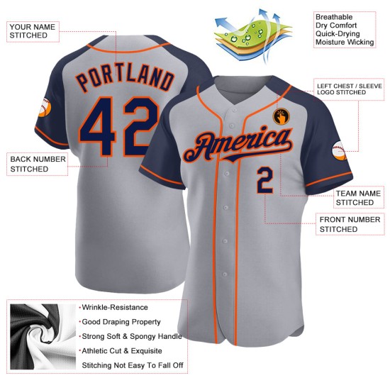 Jersey Gray Baseball Authentic Sleeves Navy-Orange Raglan Custom Jersey Gray Baseball Authentic Sleeves Navy-Orange Raglan Custom