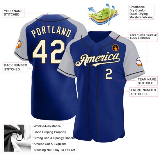 Royal Jersey Sleeves Cream-Black Raglan Custom Authentic Baseball Royal Jersey Sleeves Cream-Black Raglan Custom Authentic Baseball