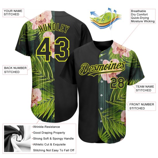 Hawaii Black Pattern Authentic Neon Design Baseball Tropical Orchids 3D Palm Custom With Jersey Leaves Yellow Hawaii Black Pattern Authentic Neon Design Baseball Tropical Orchids 3D Palm Custom With Jersey Leaves Yellow