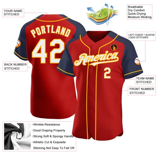 Red White Authentic Jersey Raglan Sleeves Baseball Navy-Gold Custom Red White Authentic Jersey Raglan Sleeves Baseball Navy-Gold Custom