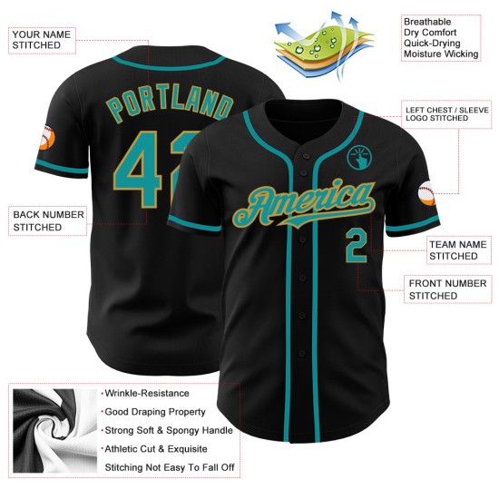 Jersey Gold Baseball Custom Teal-Old Black Authentic Jersey Gold Baseball Custom Teal-Old Black Authentic