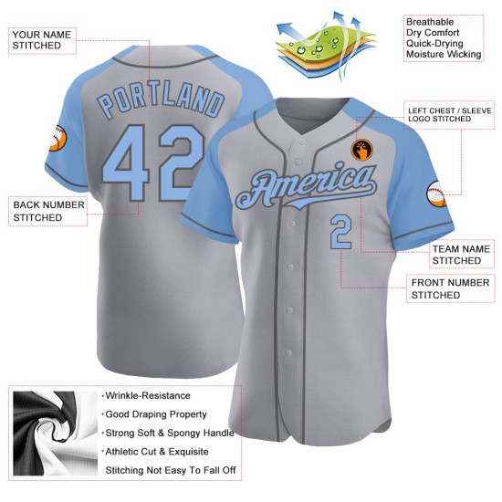 Gray Authentic Gray Light Sleeves Baseball Jersey Custom Raglan Blue-Steel Gray Authentic Gray Light Sleeves Baseball Jersey Custom Raglan Blue-Steel
