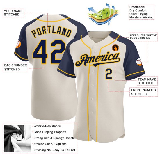 Navy-Gold Custom Authentic Cream Jersey Raglan Sleeves Baseball Navy-Gold Custom Authentic Cream Jersey Raglan Sleeves Baseball