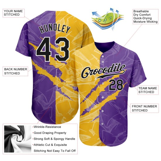 Authentic Scratch Jersey Baseball Yellow-Purple Pattern Graffiti Custom 3D Black Authentic Scratch Jersey Baseball Yellow-Purple Pattern Graffiti Custom 3D Black