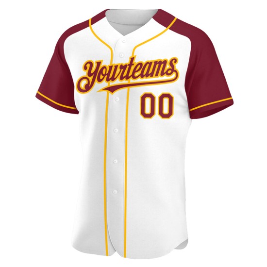 Raglan Custom Authentic Baseball Crimson-Gold Sleeves White Jersey Raglan Custom Authentic Baseball Crimson-Gold Sleeves White Jersey
