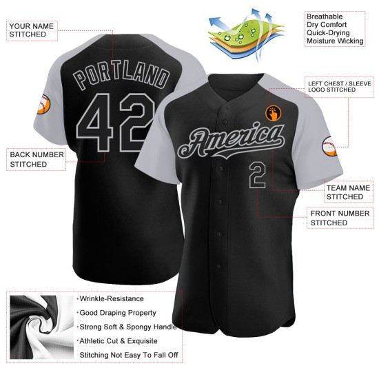 Baseball Gray Raglan Sleeves Authentic Jersey Black Custom Baseball Gray Raglan Sleeves Authentic Jersey Black Custom