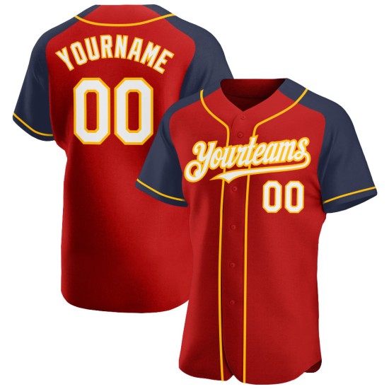 Red White Authentic Jersey Raglan Sleeves Baseball Navy-Gold Custom Red White Authentic Jersey Raglan Sleeves Baseball Navy-Gold Custom