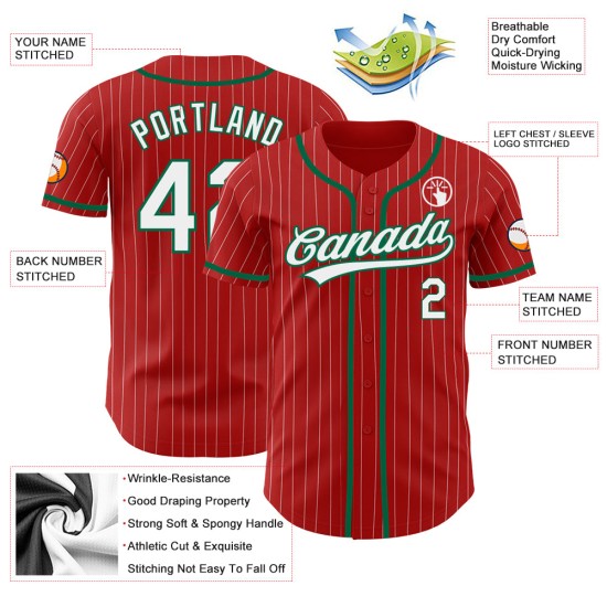 Custom White Green Kelly Baseball Pinstripe Authentic Jersey Red Custom White Green Kelly Baseball Pinstripe Authentic Jersey Red