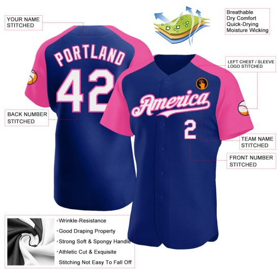 Royal Authentic Jersey White-Pink Baseball Custom Sleeves Raglan Royal Authentic Jersey White-Pink Baseball Custom Sleeves Raglan