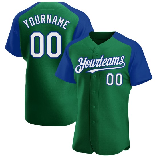 Baseball White-Royal Sleeves Green Jersey Raglan Kelly Authentic Custom Baseball White-Royal Sleeves Green Jersey Raglan Kelly Authentic Custom