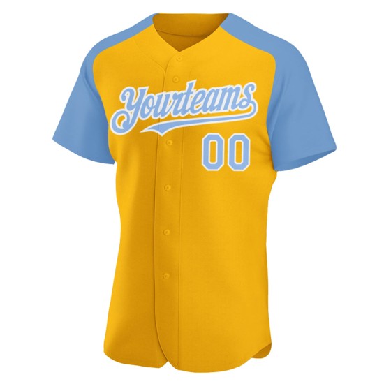 Light Blue-White Custom Baseball Sleeves Authentic Raglan Gold Jersey Light Blue-White Custom Baseball Sleeves Authentic Raglan Gold Jersey