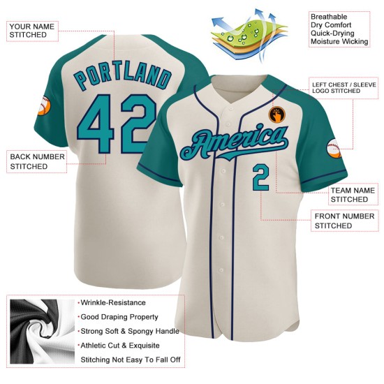 Raglan Sleeves Authentic Teal-Navy Cream Baseball Jersey Custom Raglan Sleeves Authentic Teal-Navy Cream Baseball Jersey Custom