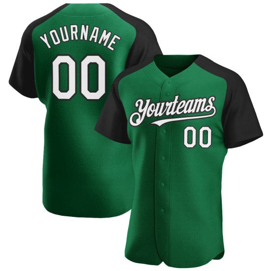 Custom Raglan Sleeves White-Black Kelly Baseball Authentic Green Jersey Custom Raglan Sleeves White-Black Kelly Baseball Authentic Green Jersey