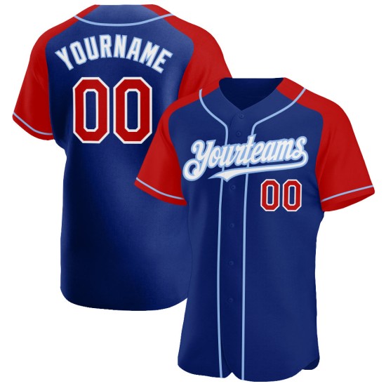 Custom Authentic Royal Baseball Jersey Red-Light Sleeves Blue Raglan Custom Authentic Royal Baseball Jersey Red-Light Sleeves Blue Raglan