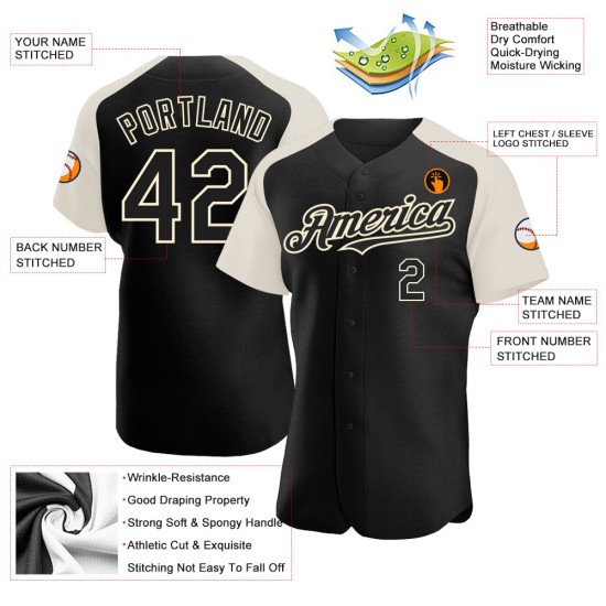 Baseball Black Jersey Raglan Authentic Cream Custom Sleeves Baseball Black Jersey Raglan Authentic Cream Custom Sleeves