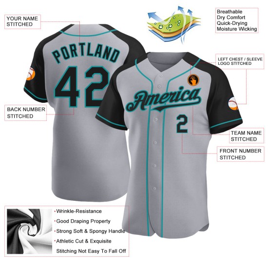 Authentic Black-Teal Baseball Gray Sleeves Jersey Raglan Custom Authentic Black-Teal Baseball Gray Sleeves Jersey Raglan Custom