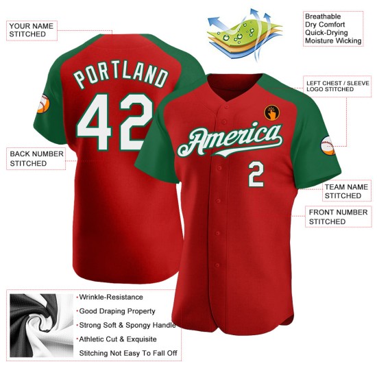 Custom Baseball Raglan Sleeves Authentic Red White-Kelly Jersey Green Custom Baseball Raglan Sleeves Authentic Red White-Kelly Jersey Green