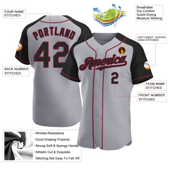 Jersey Gray Black-Crimson Raglan Custom Authentic Baseball Sleeves Jersey Gray Black-Crimson Raglan Custom Authentic Baseball Sleeves