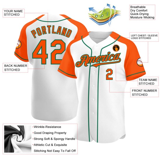 White Raglan Custom Sleeves Authentic Baseball Green Orange-Kelly Jersey White Raglan Custom Sleeves Authentic Baseball Green Orange-Kelly Jersey
