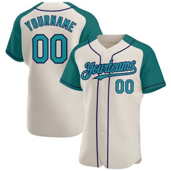 Raglan Sleeves Authentic Teal-Navy Cream Baseball Jersey Custom Raglan Sleeves Authentic Teal-Navy Cream Baseball Jersey Custom