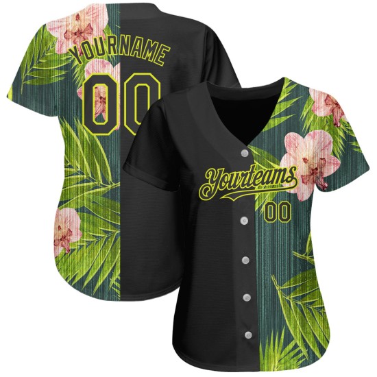 Hawaii Black Pattern Authentic Neon Design Baseball Tropical Orchids 3D Palm Custom With Jersey Leaves Yellow Hawaii Black Pattern Authentic Neon Design Baseball Tropical Orchids 3D Palm Custom With Jersey Leaves Yellow