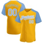 Light Blue-White Custom Baseball Sleeves Authentic Raglan Gold Jersey Light Blue-White Custom Baseball Sleeves Authentic Raglan Gold Jersey
