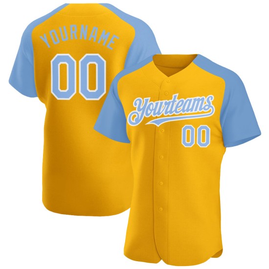 Light Blue-White Custom Baseball Sleeves Authentic Raglan Gold Jersey Light Blue-White Custom Baseball Sleeves Authentic Raglan Gold Jersey
