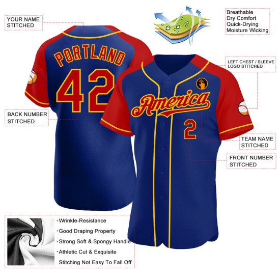 Raglan Red-Yellow Jersey Baseball Authentic Sleeves Royal Custom Raglan Red-Yellow Jersey Baseball Authentic Sleeves Royal Custom