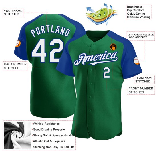 Baseball White-Royal Sleeves Green Jersey Raglan Kelly Authentic Custom Baseball White-Royal Sleeves Green Jersey Raglan Kelly Authentic Custom