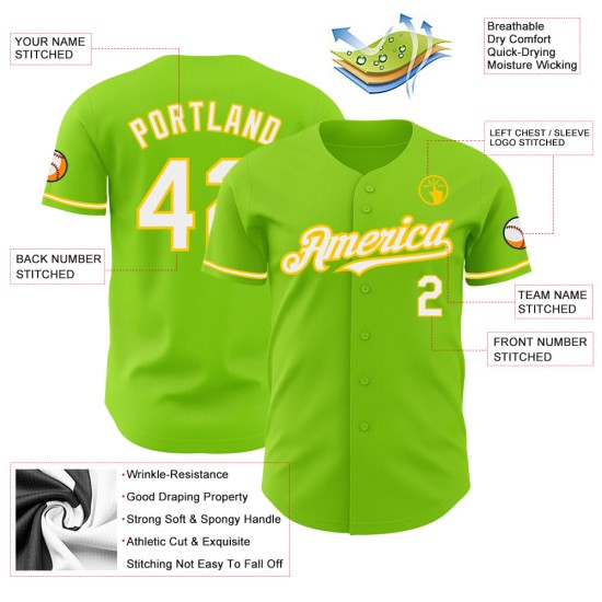 White-Yellow Authentic Neon Jersey Green Baseball Custom White-Yellow Authentic Neon Jersey Green Baseball Custom