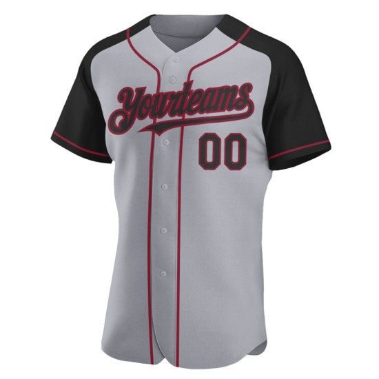 Jersey Gray Black-Crimson Raglan Custom Authentic Baseball Sleeves Jersey Gray Black-Crimson Raglan Custom Authentic Baseball Sleeves
